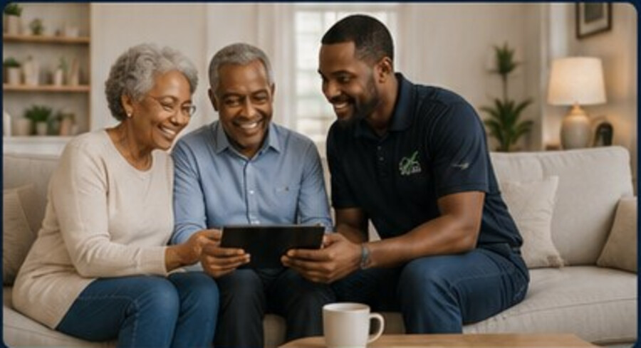 Be Tech Works technician patiently helping seniors use a tablet